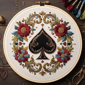 Motif de broderie vintage à la main avec motif floral de pique, symbole ornemental pour cartes (PDF)