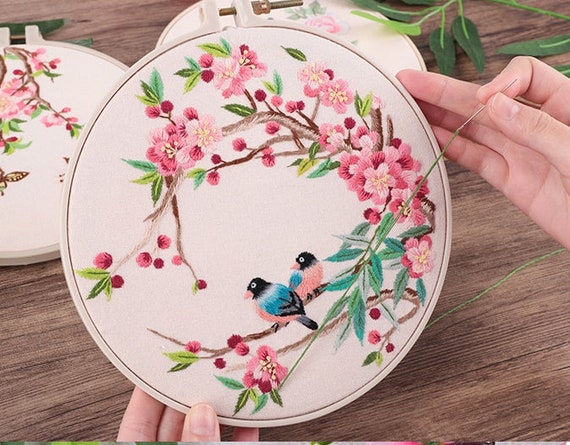 Birds Flowers Embroidery Kit for Adults Beginners Stamped Cross Stitch Kits  with Birds Pattern Stamped Embroidery Cloth Hoops Threads Needles Easy