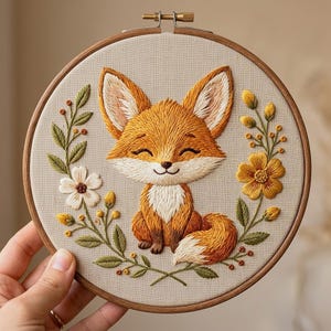 May include: A circular wooden embroidery hoop containing a fabric panel with a hand-stitched fox design. The orange and white fox is centered, surrounded by embroidered green leaves, small red berries, a white flower, and a yellow flower.