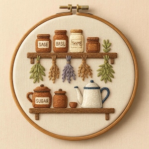 Schema di ricamo per mensola da cucina vintage / Schema di ricamo a mano moderno / Schema di ricamo floreale in PDF