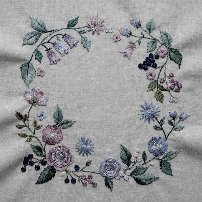 Soft Botanical Floral Wreath Hand Embroidery Pattern – Vintage Style ...