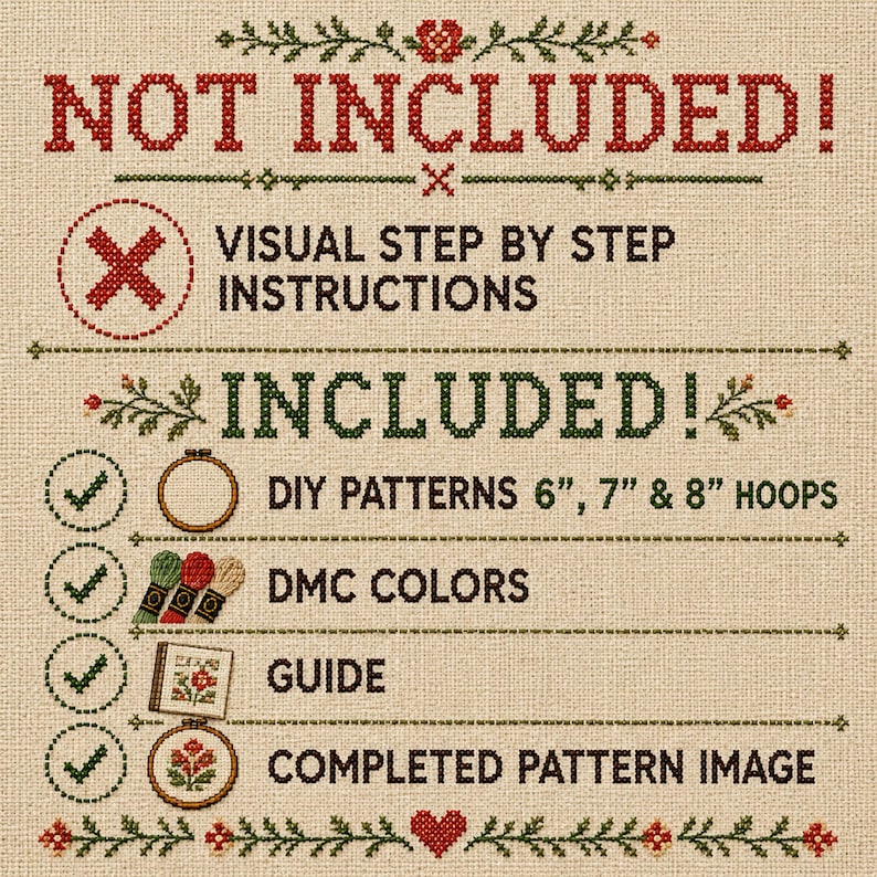 Może przedstawiać: Obrazek wzoru haftu krzyżykowego na beżowym tle. U g&oacute;ry znajduje się napis "NOT INCLUDED!", pod nim czerwone "X". Poniżej napis "INCLUDED!" z listą zawartych element&oacute;w: wzory DIY na tamborki 15, 18 i 20 cm, kolory DMC, przewodnik i gotowy obraz wzoru.