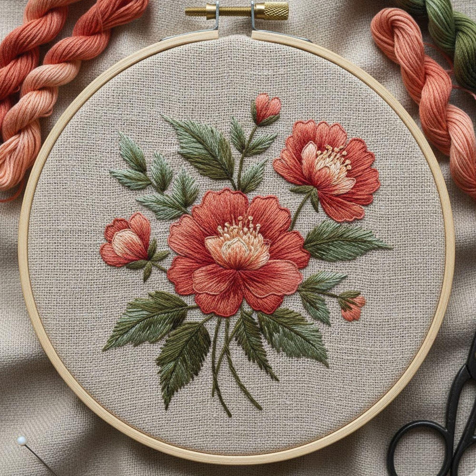 Vintage Floral Hand Embroidery Pattern, Botanical Flower Hoop Art ...