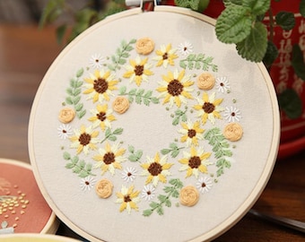 DIY Beginner Embroidery Kit- Modern Floral Flower Pattern-Embroidery Flower- Party Birthday Gift- Kids Craft- Needlework-Hoop Art-Wall decor