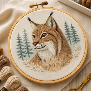 Op de afbeelding: Een gedetailleerde borduurring met een lynx met bruine en witte vacht, tegen een achtergrond van gestileerde groene bomen. De lynx staat centraal in de ring. Borduurgaren in verschillende kleuren zijn zichtbaar.