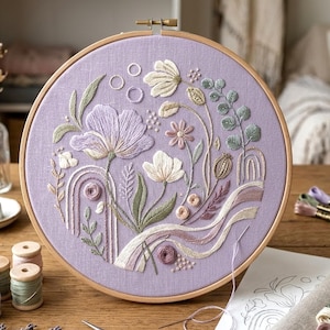 May include: A circular wooden embroidery hoop containing lavender fabric with hand-stitched floral designs. The embroidery features large purple and white flowers, green leaves, small circular accents, and arched lines in shades of cream, pink, and sage green.