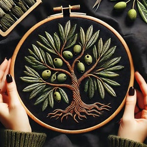 Puede incluir: Bordado de un olivo sobre tela negra, en un aro de madera. El árbol presenta hojas y aceitunas verdes, con un tronco y raíces marrones. El bordado está sostenido por manos con esmalte de uñas oscuro.