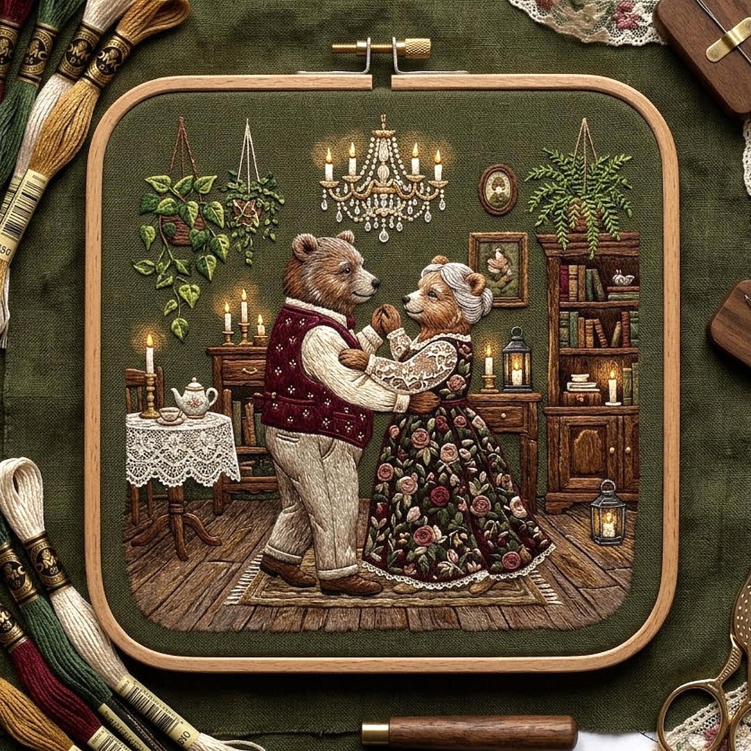 Dancing Bears Embroidery Pattern, Woodland Cottage Floral Folk Art (PDF ...