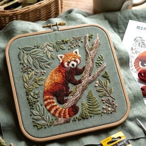 May include: An embroidered hoop art piece featuring a red panda climbing a tree. The artwork is set against a muted green fabric, with detailed stitching in shades of brown, orange, and green. The wooden hoop frame adds a rustic touch to the handcrafted design.