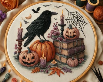 Halloween Crow & Pumpkin Hand Embroidery Pattern with Raven, Candles, Books, and Spider Web , halloween diy embroidery