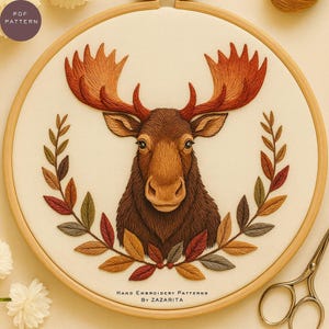 Moose Head Embroidery Pattern: Autumn Leaf Wreath, Wildlife Decor (PDF Pattern)