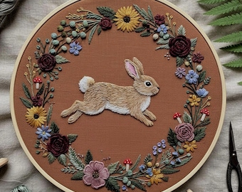 Woodland Rabbit Embroidery Pattern – Floral Wreath Hand Embroidery PDF Design