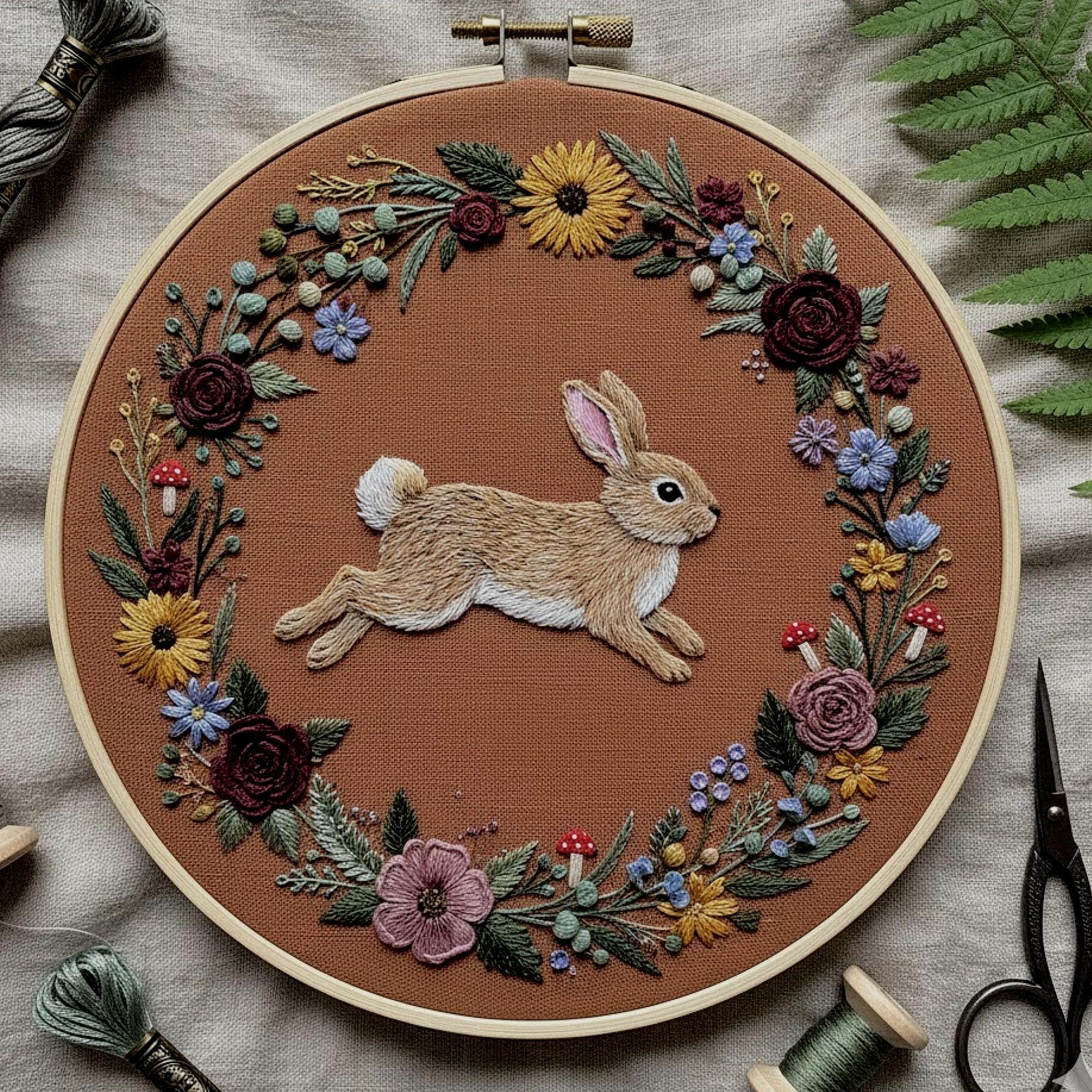 Woodland Rabbit Embroidery Pattern – Floral Wreath Hand Embroidery PDF ...