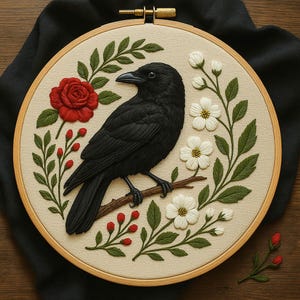 Raven and Wildflowers Hand Embroidery Pattern , PDF Download , Modern embroidery, Hand Embroidery Pattern pdf, birds embroidery patterns.