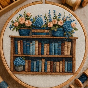 May include: Embroidered hoop art featuring a bookshelf with blue and tan books. Above the bookshelf are blue flower pots and peach-colored roses. The embroidery is set in a wooden hoop, with spools of thread visible in the background.