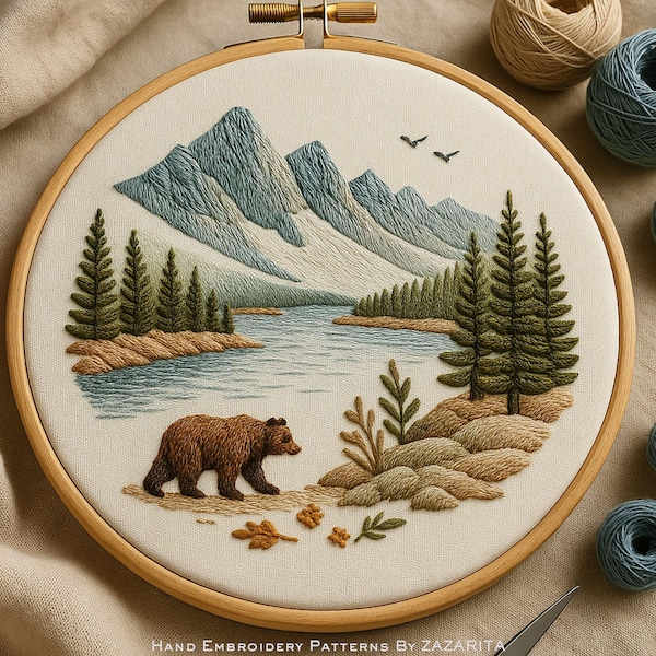 Mountain Bear Embroidery Pattern: Nature Landscape Hoop Art (PDF Instant Download)