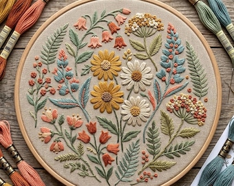 May include: A completed floral embroidery hoop featuring a variety of colorful flowers and foliage in shades of yellow, orange, and green. The embroidery is set in a wooden hoop, surrounded by spools of embroidery floss in coordinating colors.