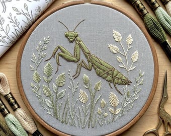 Gottesanbeterin Stickmuster, Botanische Insekt Stickrahmen Kunst, Nature Design (PDF-Muster)