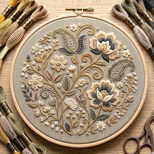 May include: A detailed embroidery hoop featuring a floral design with beige, brown, and blue thread. The design includes flowers, paisley shapes, and vines. Embroidery floss in various colors and scissors are visible.