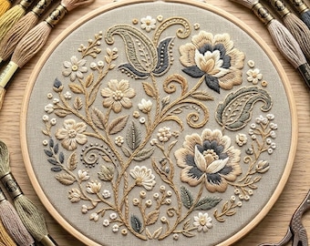 Neutral Floral Embroidery Pattern, Vintage Botanical Design, Beige Hoop Art (Digital Download)