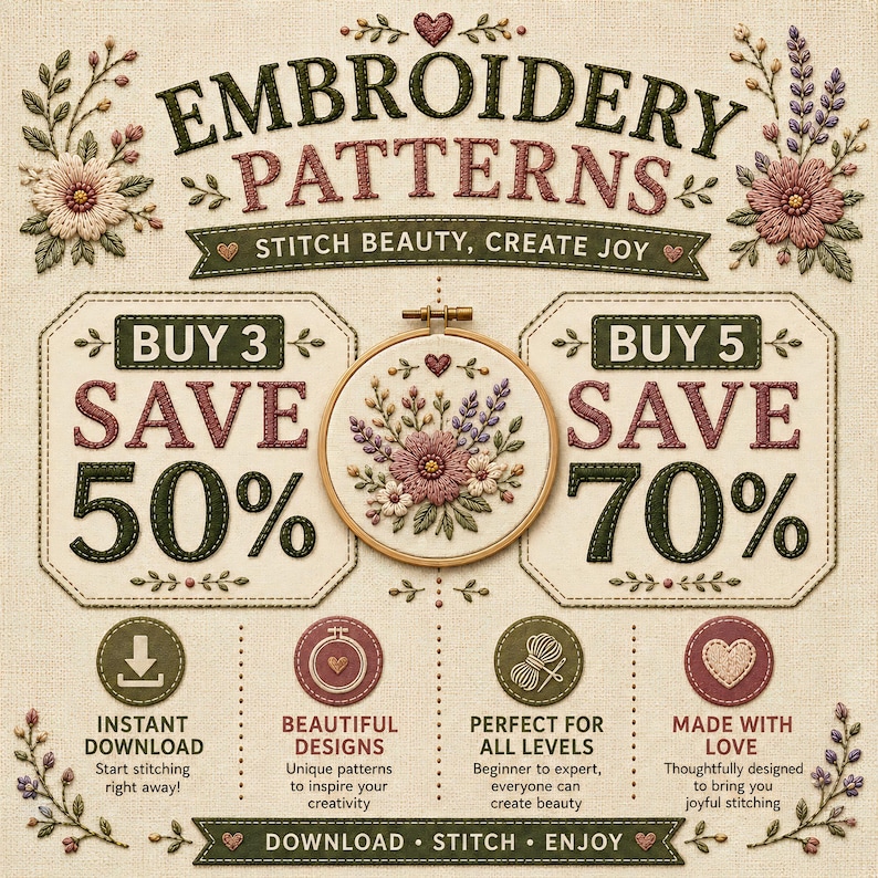 Może przedstawiać: Reklama wzor&oacute;w haftu. Obraz zawiera tekst "EMBROIDERY PATTERNS" i "STITCH BEAUTY, CREATE JOY". Zawiera r&oacute;wnież oferty oszczędności 50% i 70% na zakupy. Obraz zawiera r&oacute;wnież tekst "INSTANT DOWNLOAD", "BEAUTIFUL DESIGNS", "PERFECT FOR ALL LEVELS" i "MADE WITH LOVE".