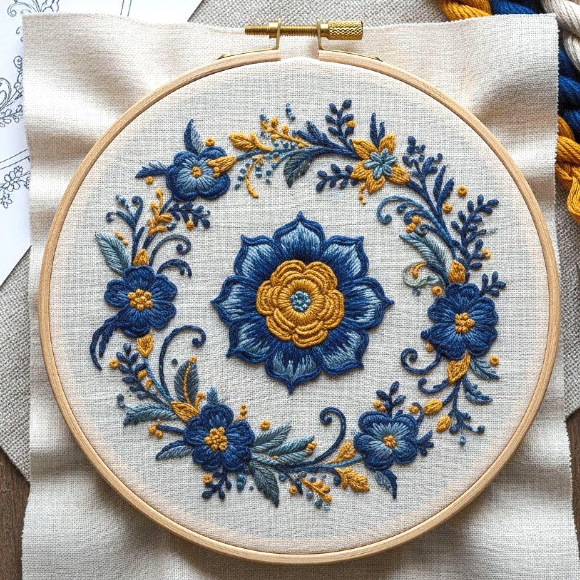 Blue & Gold Floral Wreath Embroidery Pattern – Elegant Hoop Art Design ...