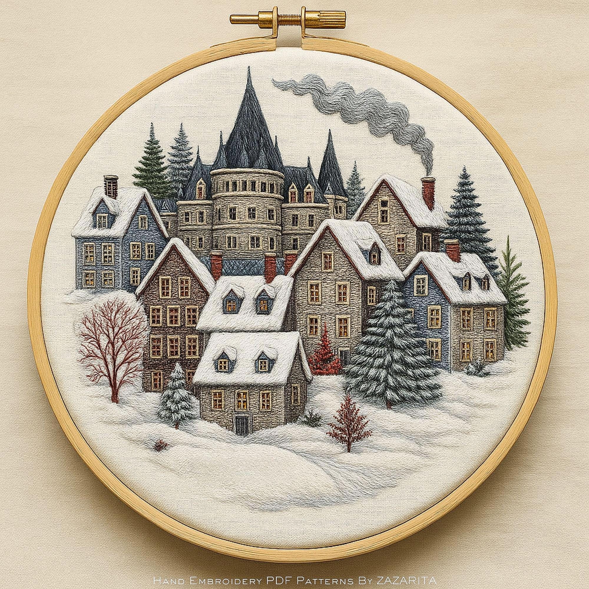 Quebec Winter Village Embroidery Pattern | Hand Embroidery PDF Design ...