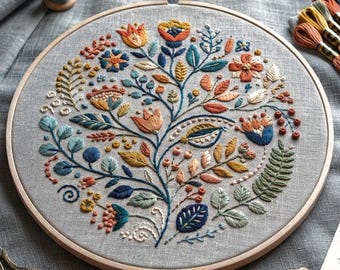 May include: A circular wooden embroidery hoop containing gray linen fabric with a multi-colored floral and botanical design stitched in thread. The embroidery features various flowers, leaves, and berries in shades of blue, orange, yellow, and green.