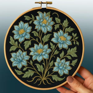 Elegant Blue Floral Hand Embroidery Pattern on Black Fabric – Botanical Hoop Art PDF