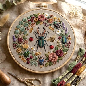 May include: Embroidered hoop art featuring a central green beetle with large antlers, surrounded by colorful flowers, leaves, and other insects. The design includes red ladybugs, a bee, and various beetles, all stitched on a beige fabric.