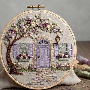 Könnte beinhalten: Gestickte Hoop-Art mit einer detaillierten Szene eines Hauses mit einer lila Tür, Fensterläden und einem Steinweg. Ein Baum mit lila und cremefarbenen Blüten wölbt sich über dem Haus. Die Stickerei ist in einem Holzreifen angebracht.