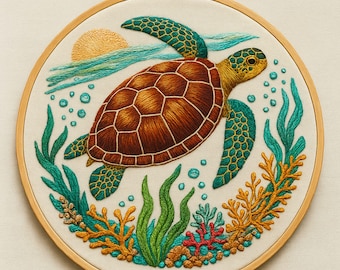 May include: Embroidered artwork of a sea turtle swimming underwater. The turtle has a brown shell and teal flippers. The background features a yellow sun, blue water, bubbles, and coral. The artwork is in a wooden hoop.