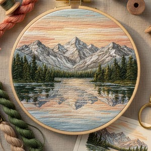 Op de afbeelding: Handgeborduurde landschapskunst in een houten ring. Het kunstwerk toont een bergketen die weerspiegeld wordt in een meer, met groenblijvende bomen op de voorgrond. De lucht heeft perzik- en lichtblauwe tinten. Borduurgaren in groen, perzik en bruin zijn zichtbaar.