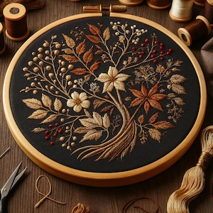 May include: A completed embroidery project in a wooden hoop. The design features a detailed botanical pattern with gold, brown, and red thread on a black background. The embroidery includes leaves, berries, and flowers. Craft supplies are visible around the hoop.
