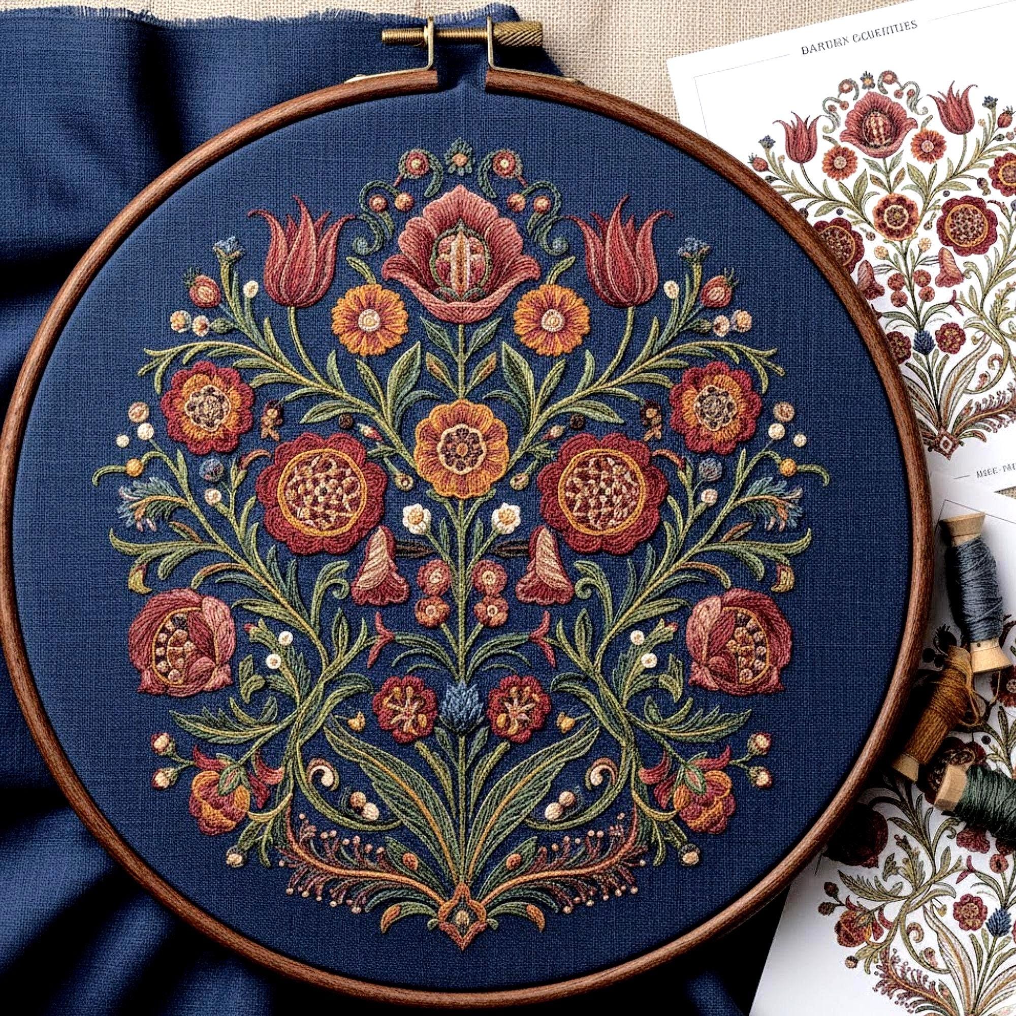 Vintage Folk Floral Embroidery Pattern, Ornate Hoop Art Design (digital ...