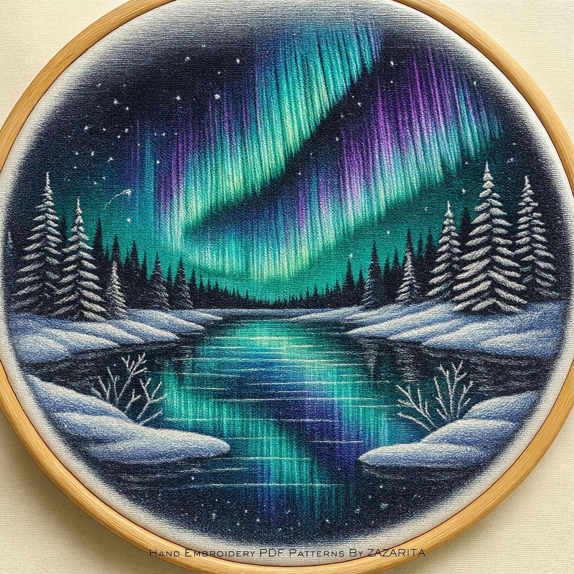 オーロラの手刺繍パターン | PDF DMCカラーを使用したモダンな風景画