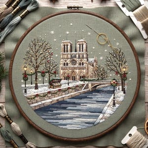 May include: A circular embroidery hoop containing a detailed needlework scene of Notre-Dame Cathedral in winter. The design features a snow-covered riverbank, bare trees with small lights, street lamps with red wreaths, and falling snowflakes.