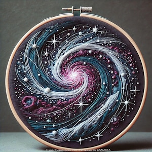 Puede incluir: Diseño de galaxia bordado a mano en un bastidor de madera. La obra presenta una galaxia arremolinada con tonos de azul, morado y blanco, acentuada por detalles de estrellas blancas. El fondo oscuro realza los colores vibrantes del diseño celestial.