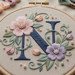 Op de afbeelding: Geborduurd bloemmotief met de letter "N" in marineblauw, versierd met roze en lavendelkleurige bloemen, groene bladeren en imitatieparels. De borduursel is geplaatst in een houten ring op een beige stoffen achtergrond.