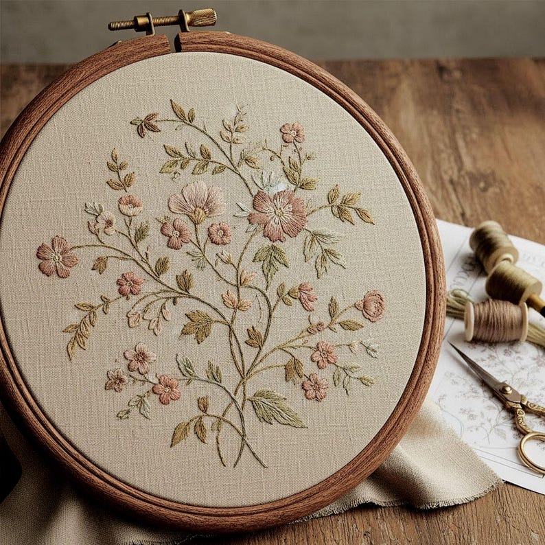 Vintage Botanical Floral Embroidery Pattern, Delicate Flower Hoop Art ...