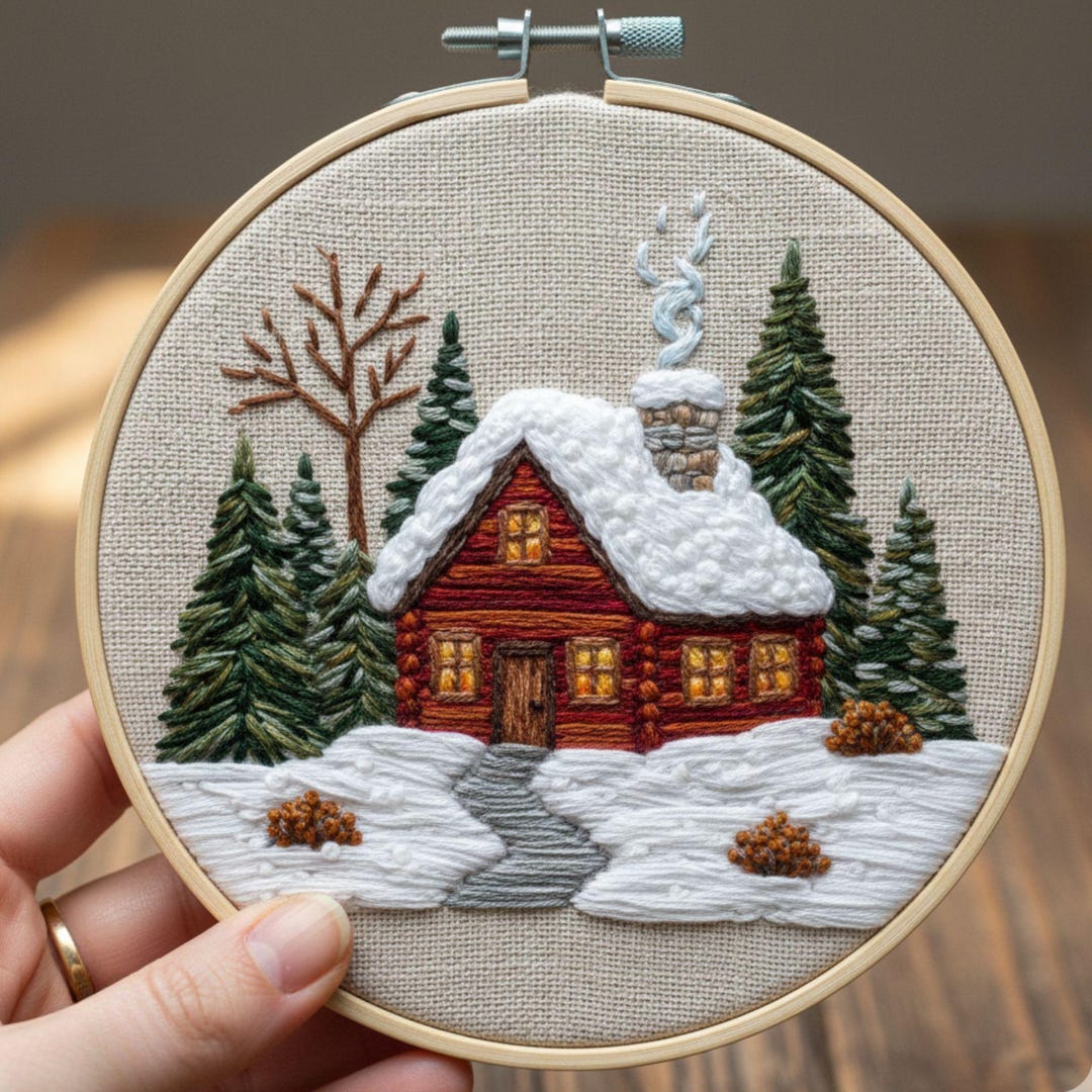 Snowy Cabin Embroidery Pattern • Winter Landscape (PDF Pattern) - Etsy