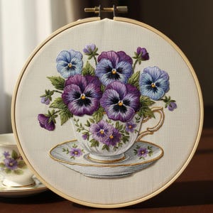 Puede incluir: Obra de arte bordada que presenta una taza de té rebosante de pensamientos morados y azules. La taza y el platillo son blancos con ribetes dorados, sobre una tela color crema dentro de un bastidor de bordado de madera. Una segunda taza de té es visible en el fondo.