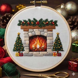 May include: Embroidered Christmas scene in a wooden hoop. The design features a stone fireplace with a roaring fire, flanked by two Christmas trees. A garland of greenery and berries adorns the mantel. Presents are at the base of the trees.