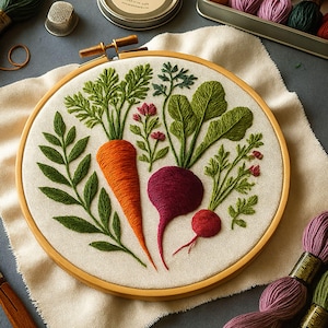 May include: Embroidered hoop art depicting a carrot, beetroot, and radish with green leaves and pink flowers. The vegetables are stitched in bright orange, deep red, and green thread. The embroidery is set in a wooden hoop on a cream-coloured fabric.