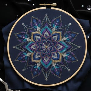 Puede incluir: Un bordado detallado con un diseño floral simétrico. El diseño utiliza hilos azules, morados y dorados sobre tela azul marino. El bordado está montado en un bastidor de madera.