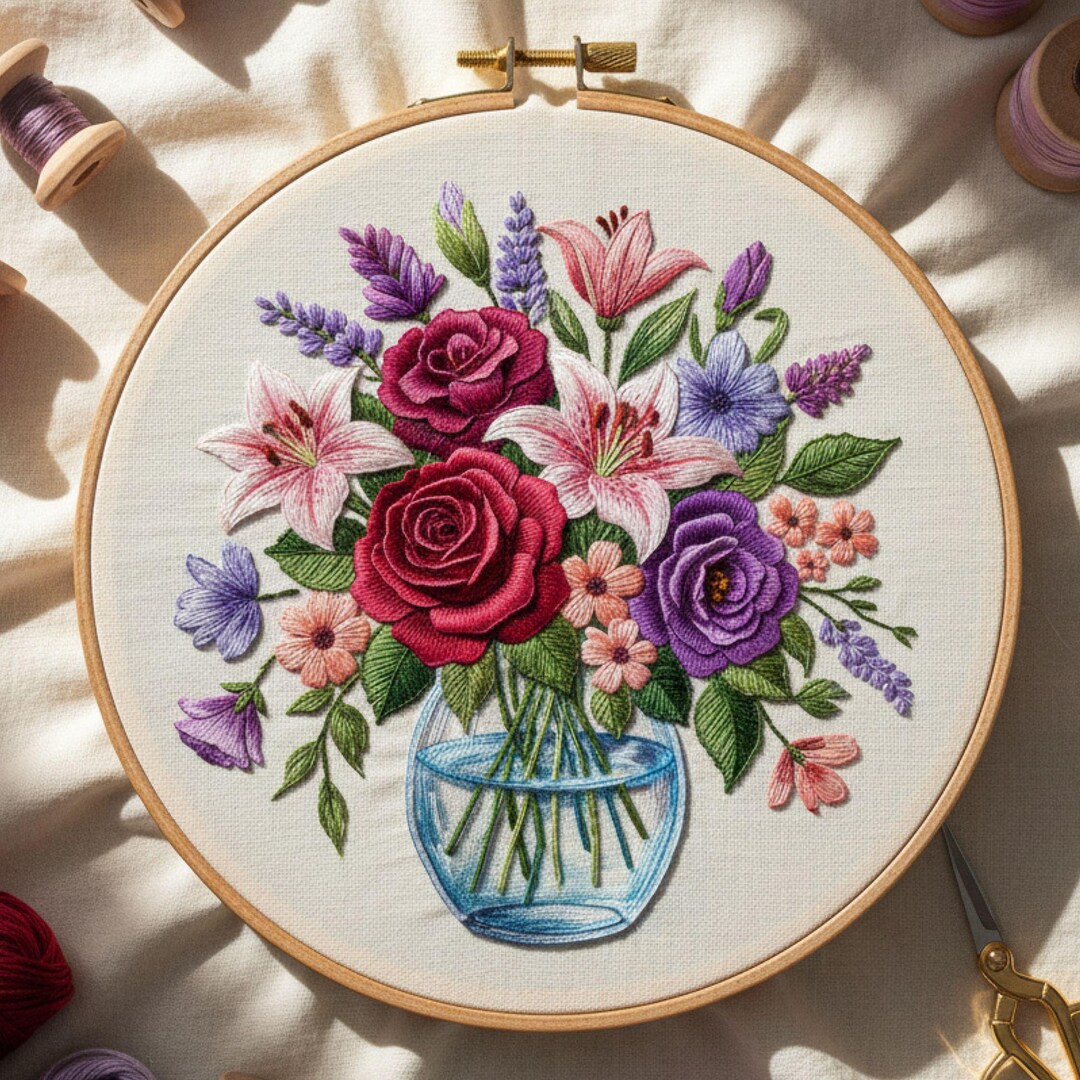 Floral Bouquet Hand Embroidery Pattern, Vintage Flower Hoop Design ...
