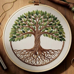 May include: Embroidered tree of life design in a wooden hoop. The tree features a brown trunk and roots, with green leaves. The embroidery is on a cream-colored fabric, and the hoop is made of light wood. The design is detailed and intricate.