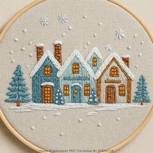 Pode incluir: Cena de inverno bordada à mão com três casas com telhados cobertos de neve e chaminés. As casas são em tons de azul e castanho, com janelas e portas detalhadas. Flocos de neve e árvores perenes adicionam ao tema de inverno, tudo dentro de um bastidor de bordado de madeira.