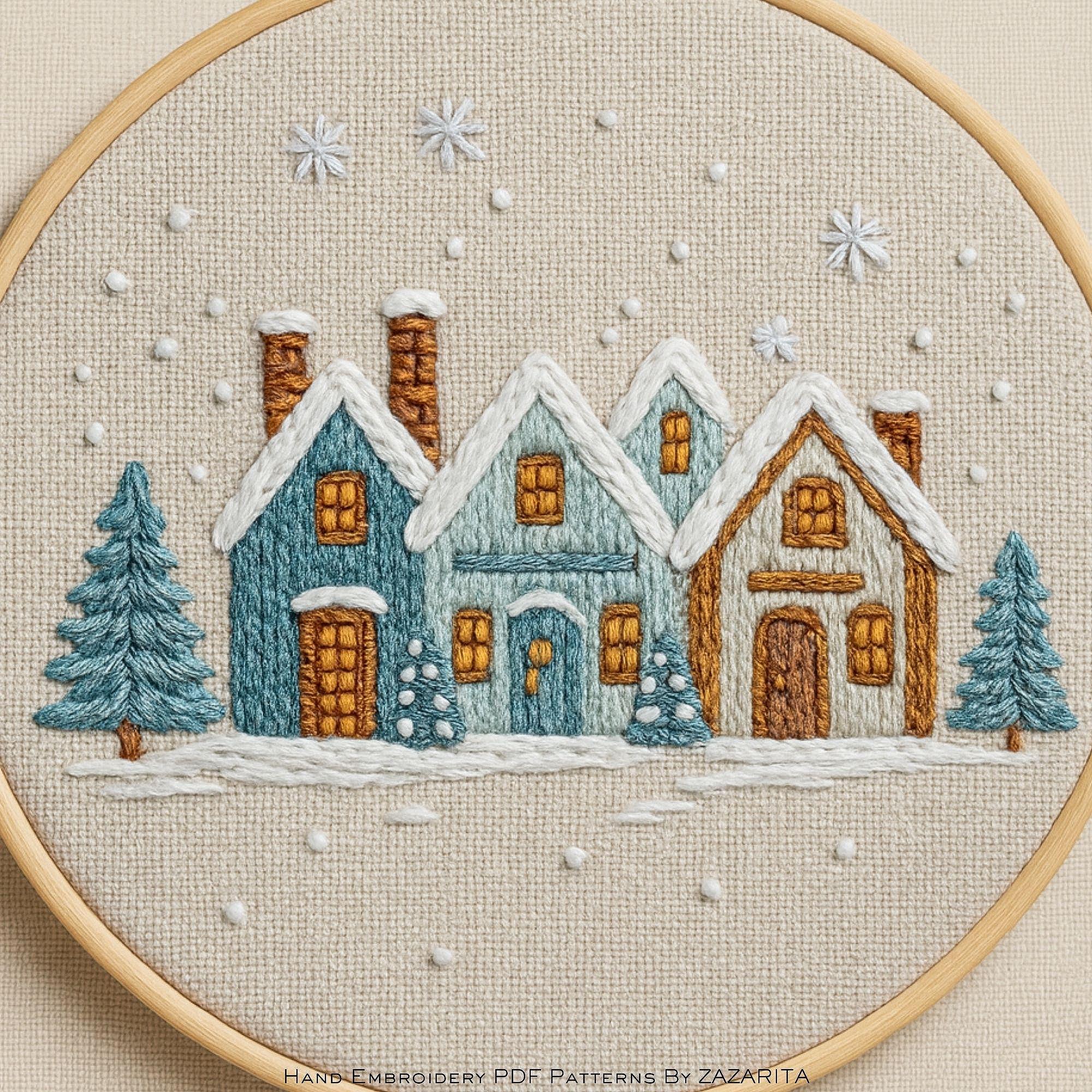 Winter Village Embroidery Pattern | Cozy Hand Embroidery PDF With DMC ...