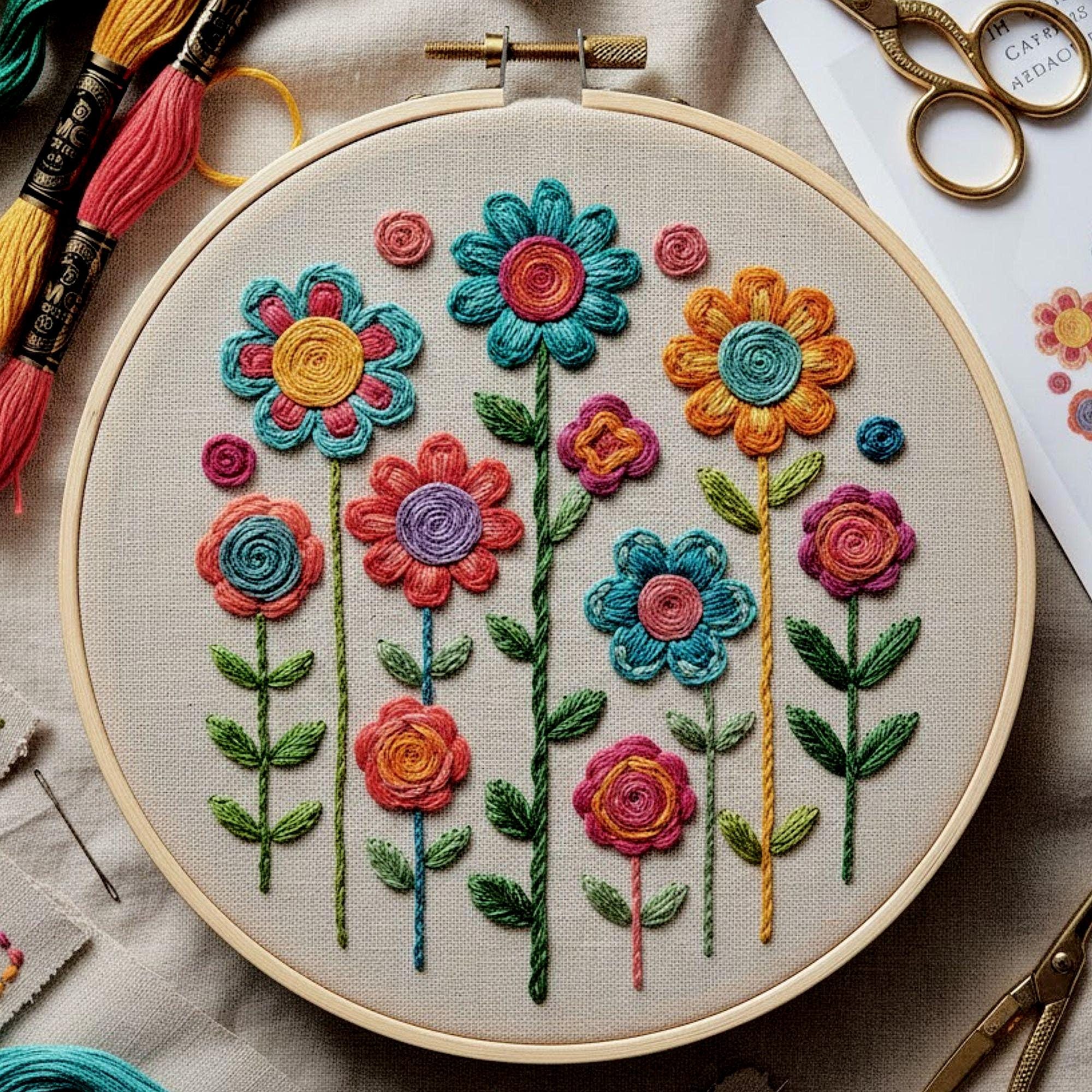 Colorful Floral Hand Embroidery Pattern , Modern Garden Flowers Hoop ...